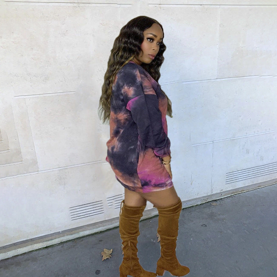 Women's Casual Sweat Dress with Deep Round Neckline and Fashionable Tie-Dye Design Ivyshape