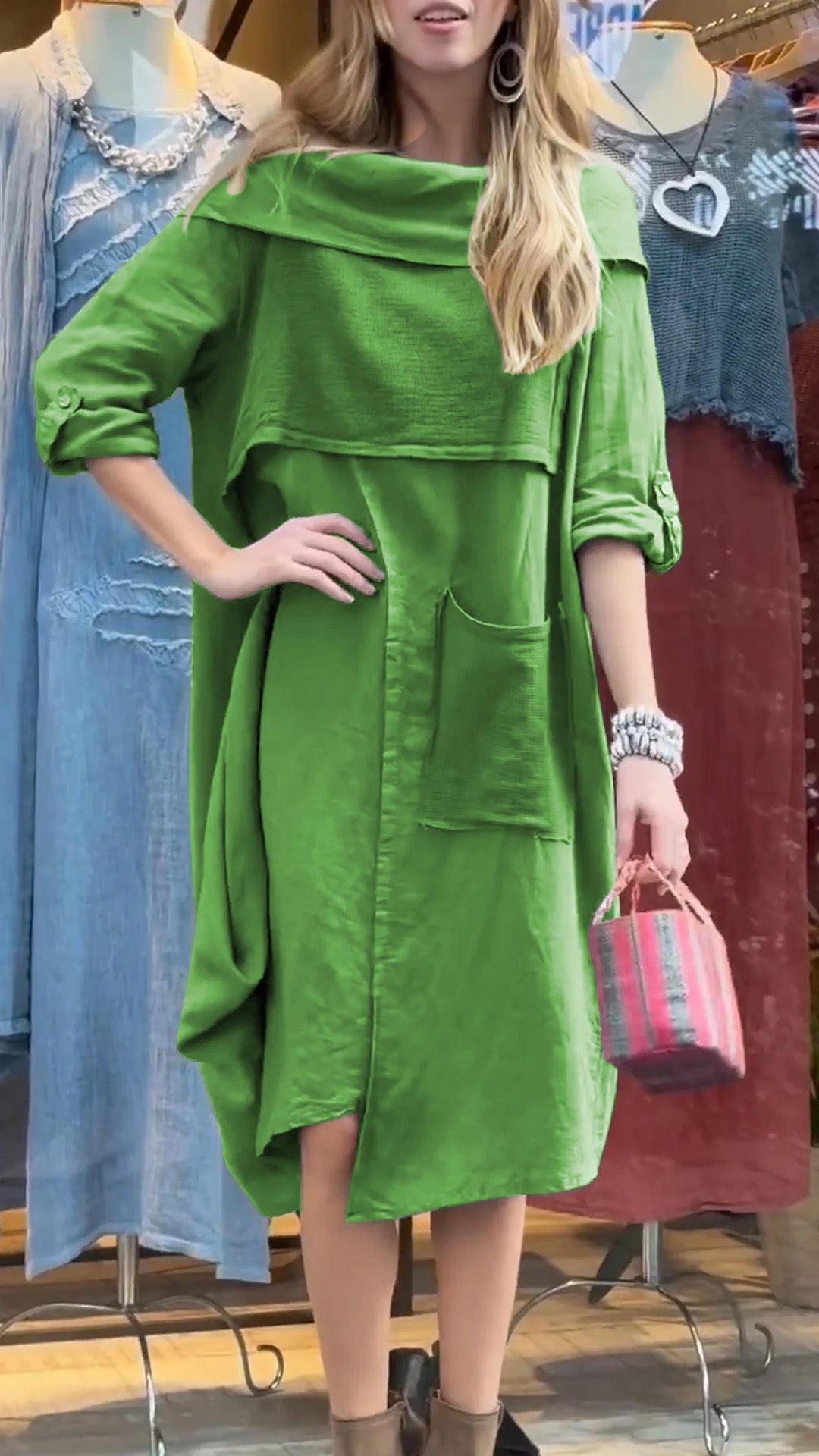 Women's Cotton and Linen Dress with Hem Collar and Mid-length Sleeves