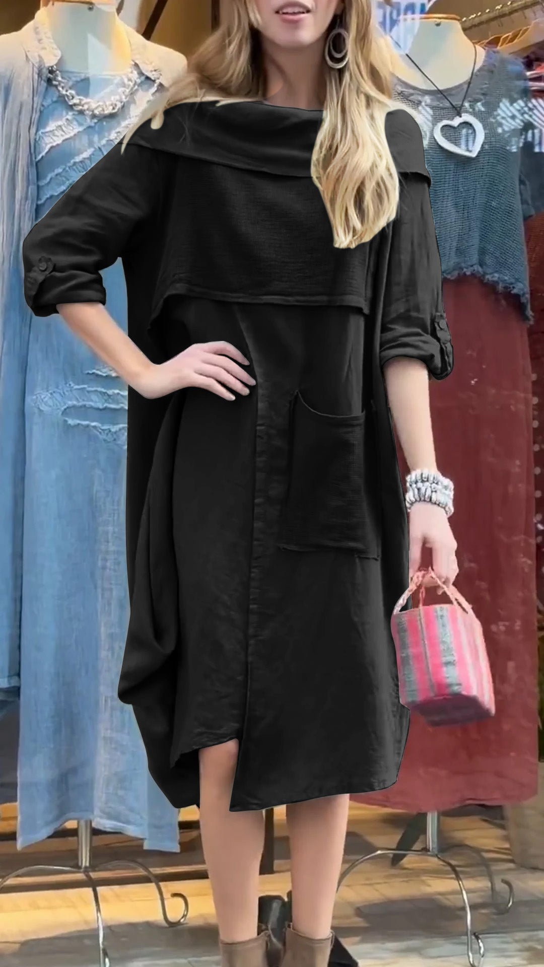 Women's Cotton and Linen Dress with Hem Collar and Mid-length Sleeves