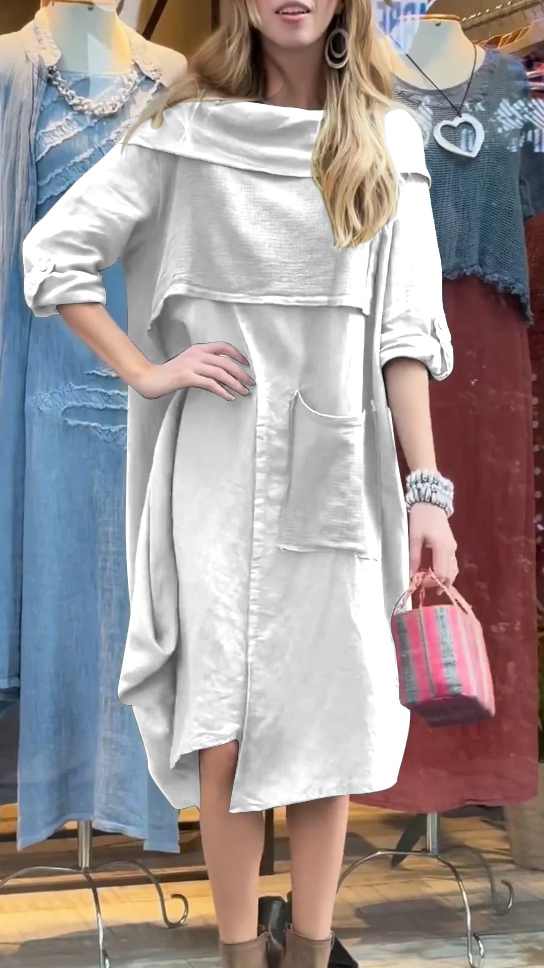 Women's Cotton and Linen Dress with Hem Collar and Mid-length Sleeves