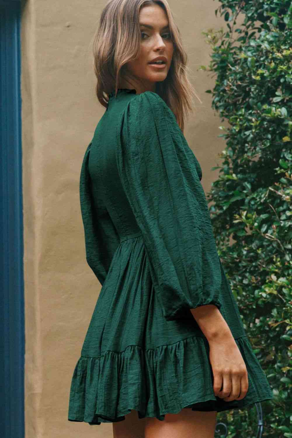 Smocked Balloon Sleeve Ruffle Hem Dress