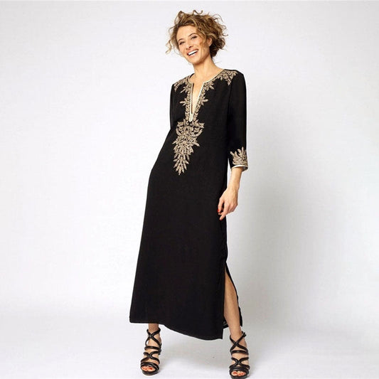 Ladies maxi dress with elaborately hand-embroidered embellishment and elegant side slits Ivyshape