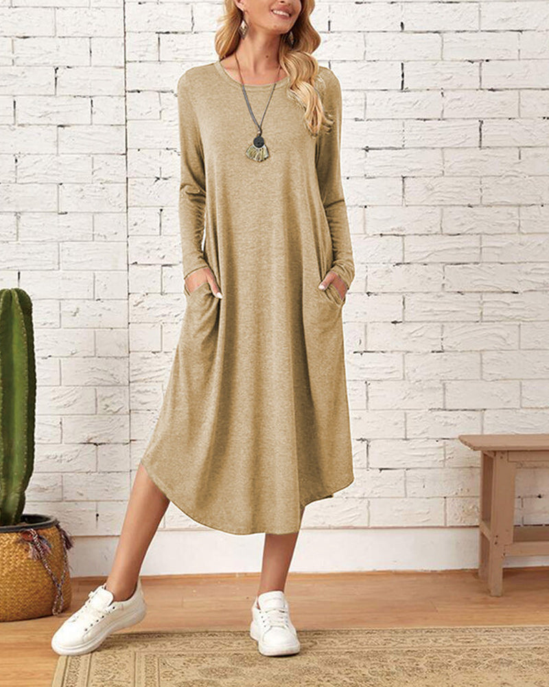 Summer Loose Midi Dress with Long Sleeves and Pocket | Ideal for Summer