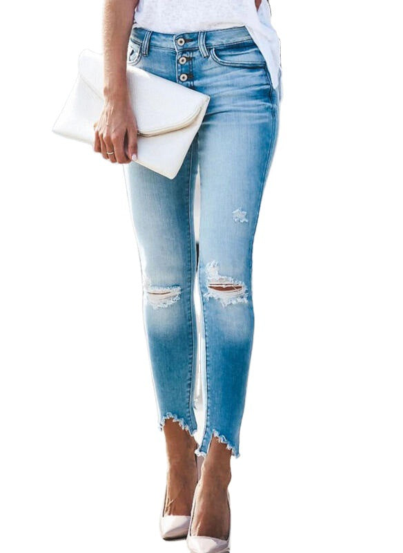 Ladies high-waisted ripped jeans in modern design with button fly Ivyshape