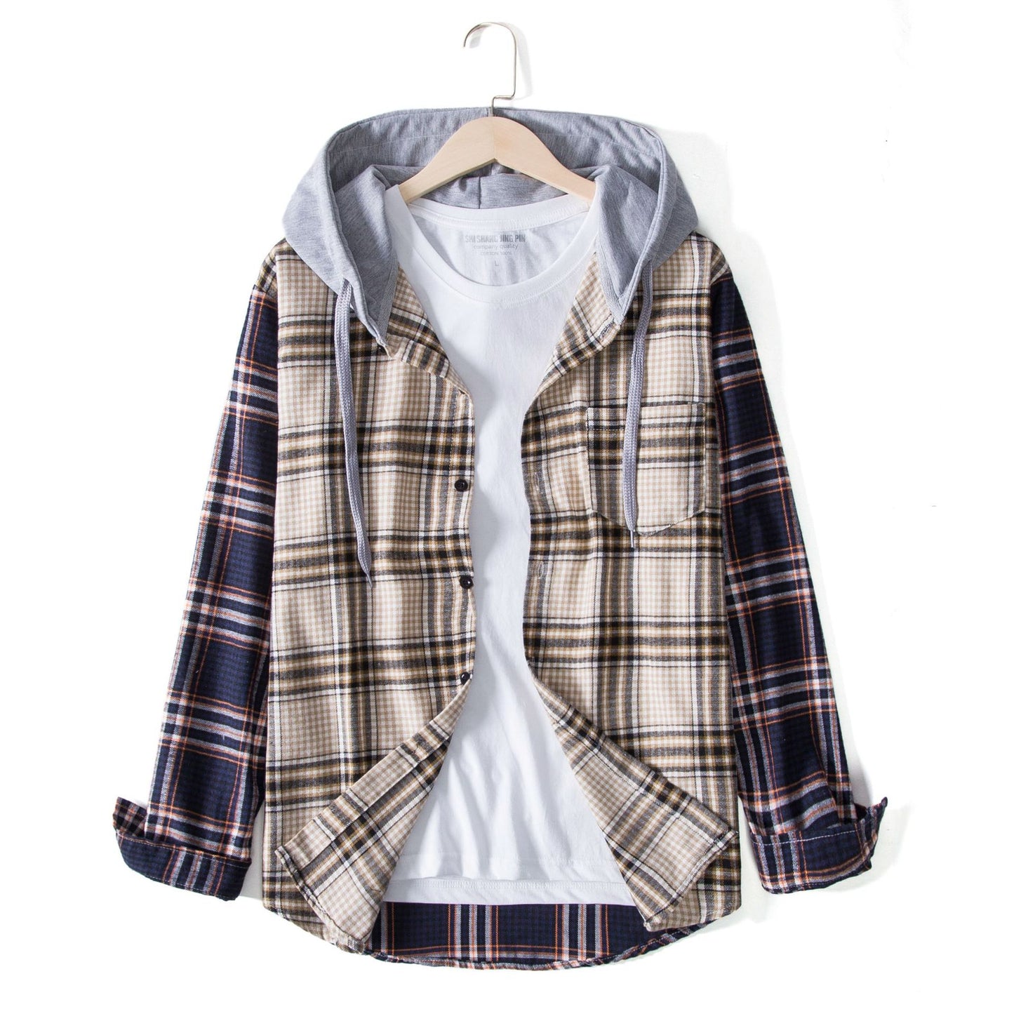 Men's Check Shirt Jacket with Integrated Hood and Comfortable Fit Ivyshape