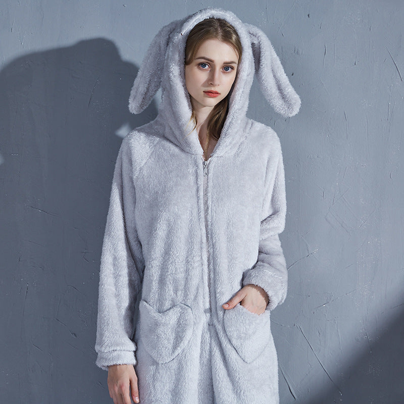 Ivyshape | Women's Bunny Ears Zipped Pajama Heart Pocket