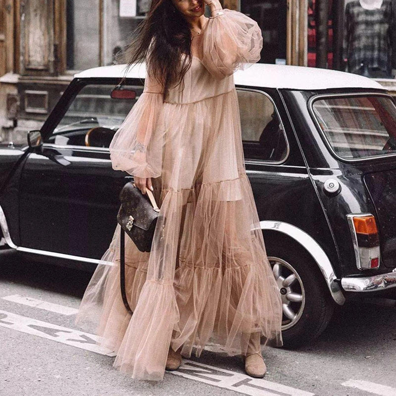 IvyShape | Puff Sleeve Tulle Sheer Long Skirt Dress