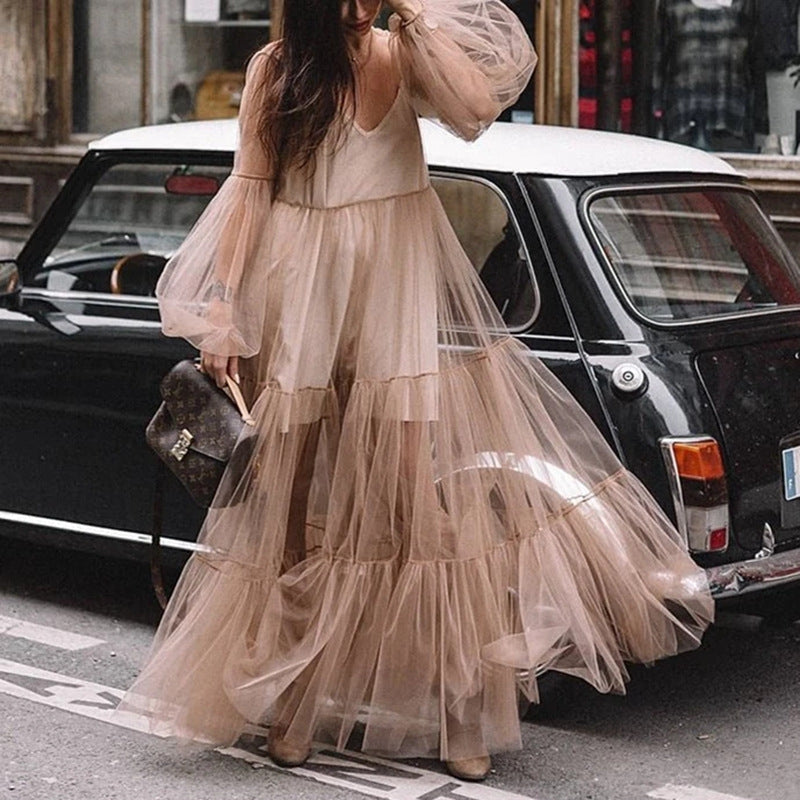 IvyShape | Puff Sleeve Tulle Sheer Long Skirt Dress