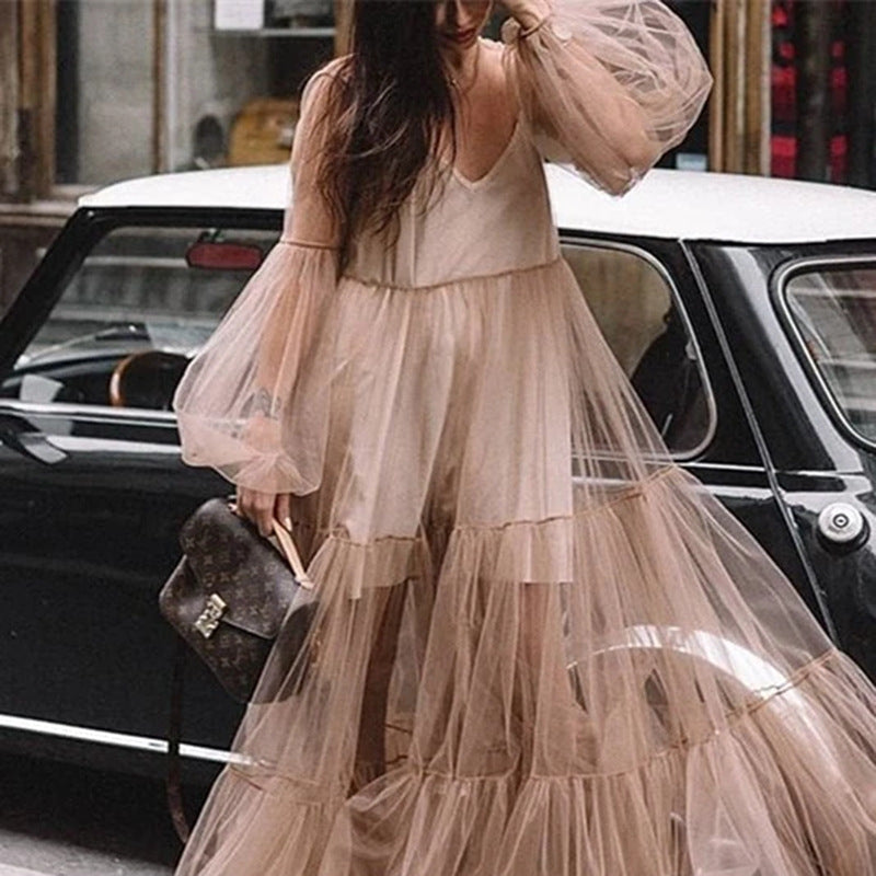 IvyShape | Puff Sleeve Tulle Sheer Long Skirt Dress