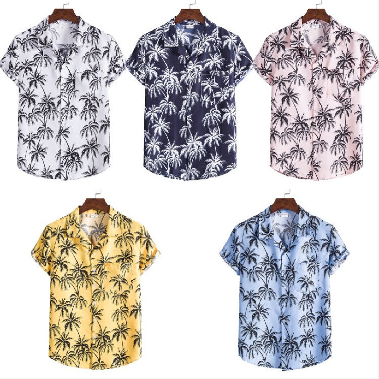 Men's short-sleeve shirt with tropical palm print and casual fit Ivyshape
