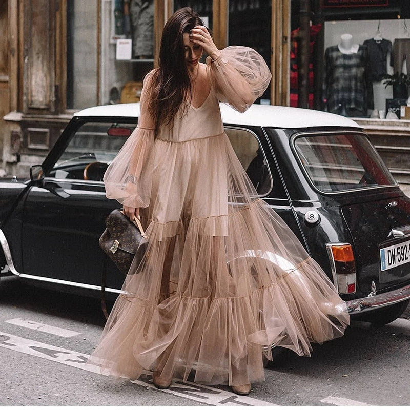 IvyShape | Puff Sleeve Tulle Sheer Long Skirt Dress