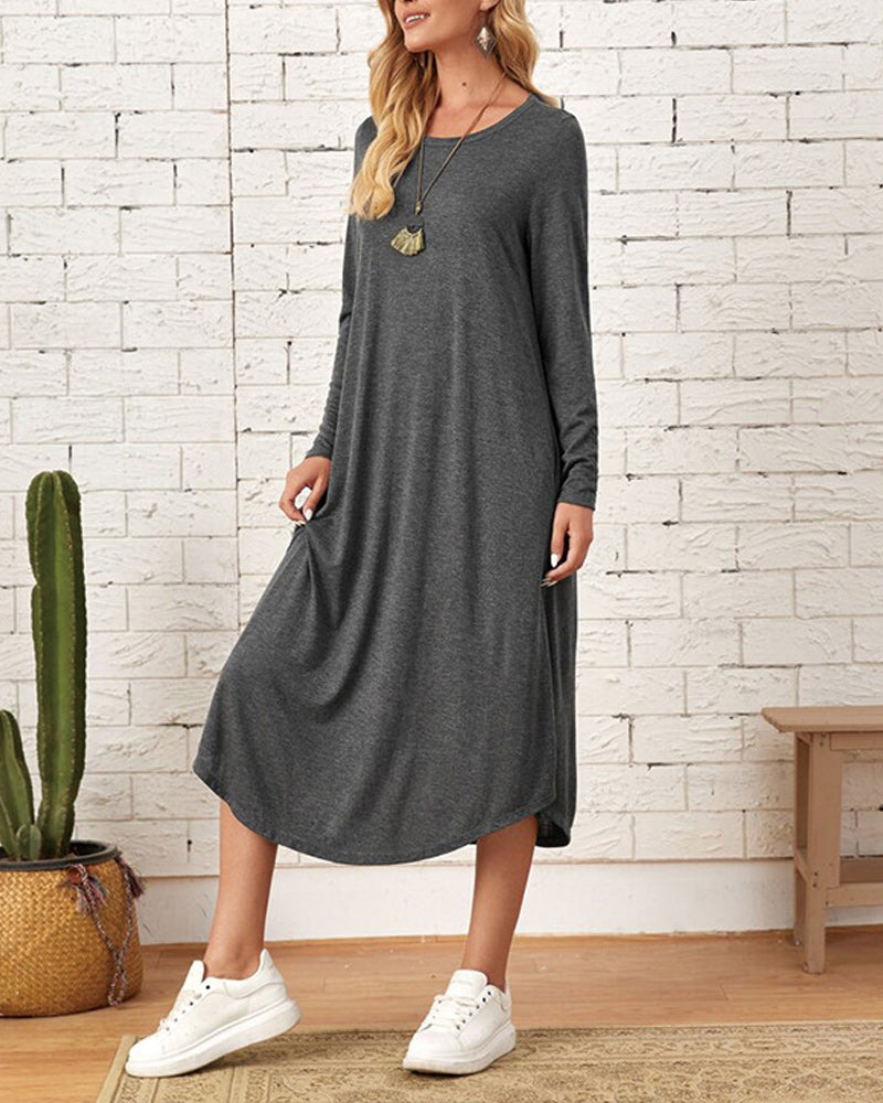 Summer Loose Midi Dress with Long Sleeves and Pocket | Ideal for Summer