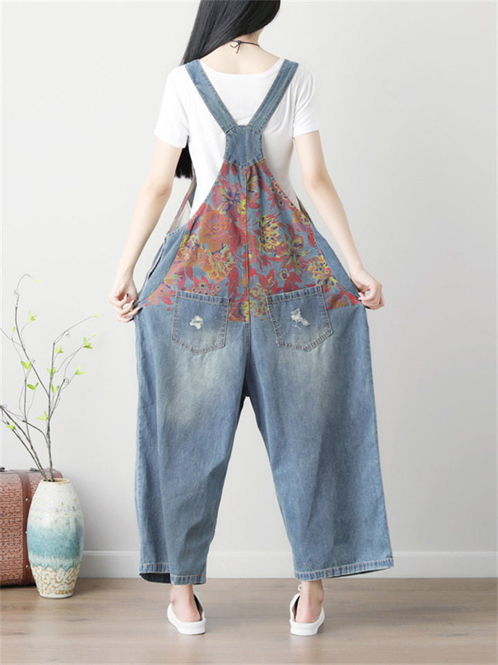 Fashion Loose Printed Denim Jumpsuits