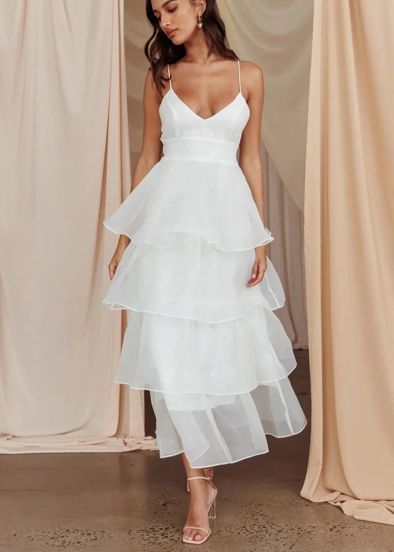 Ivyshape | Tiered Organza V-Neck Dress