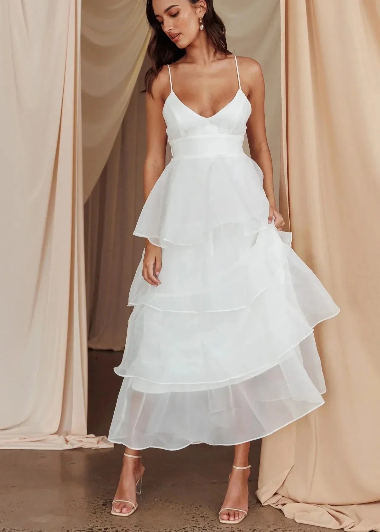 Ivyshape | Tiered Organza V-Neck Dress