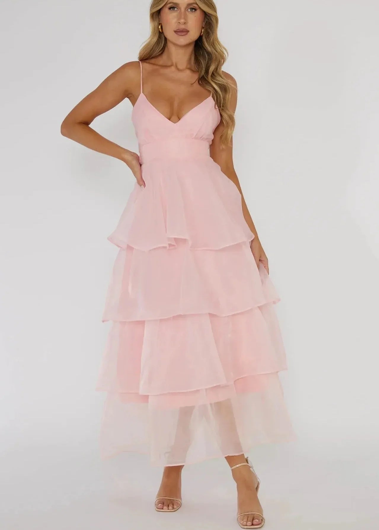 Ivyshape | Tiered Organza V-Neck Dress