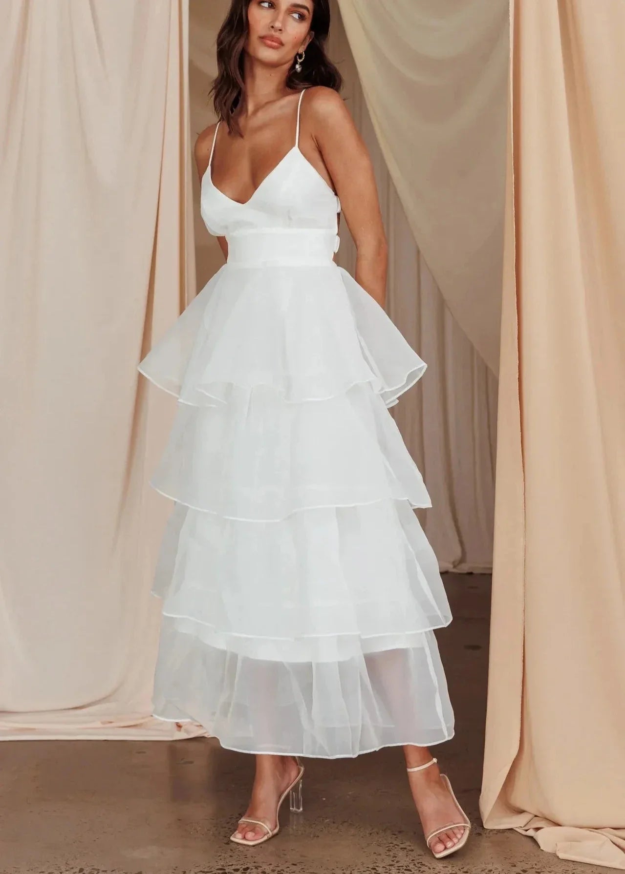 Ivyshape | Tiered Organza V-Neck Dress