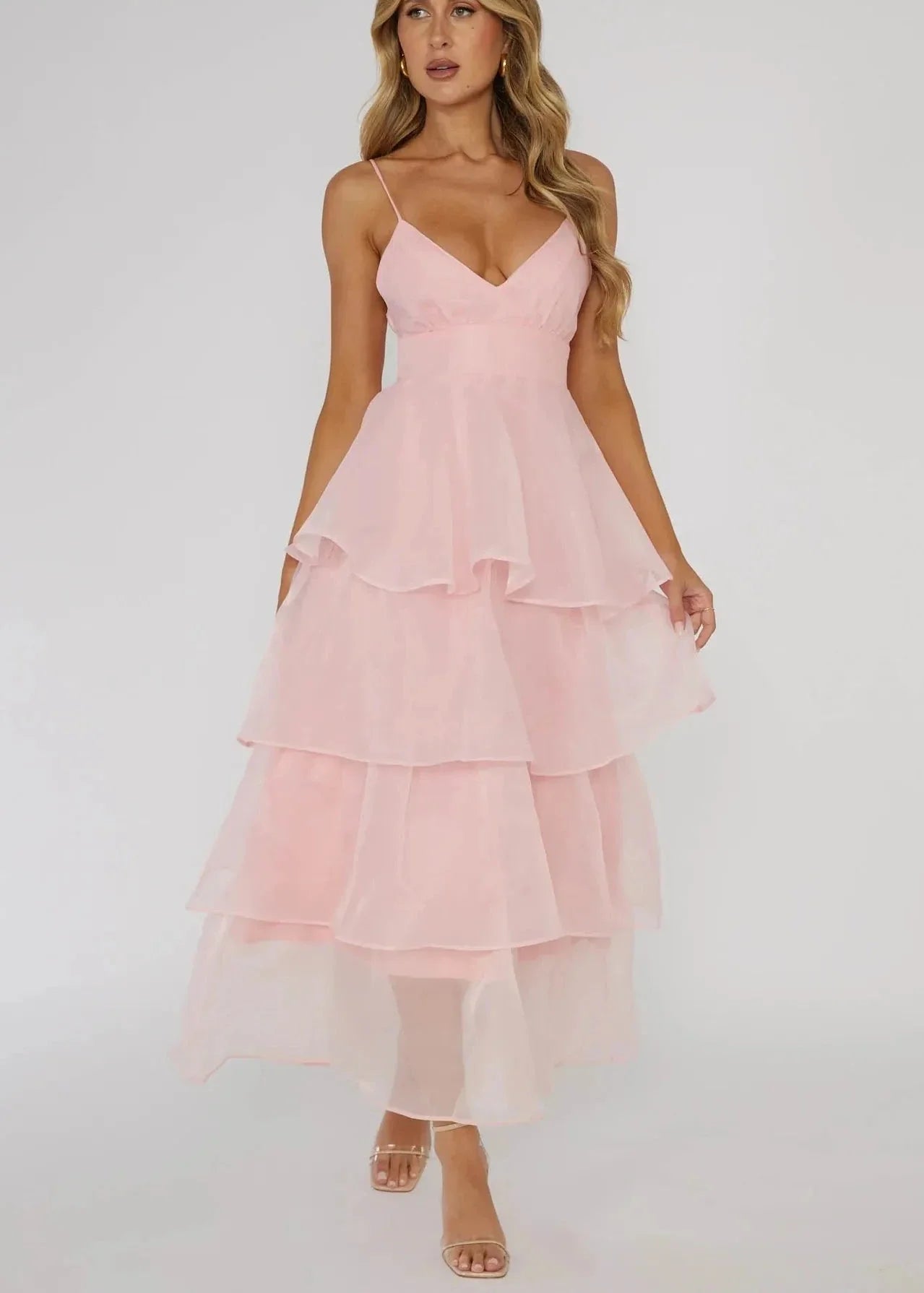 Ivyshape | Tiered Organza V-Neck Dress