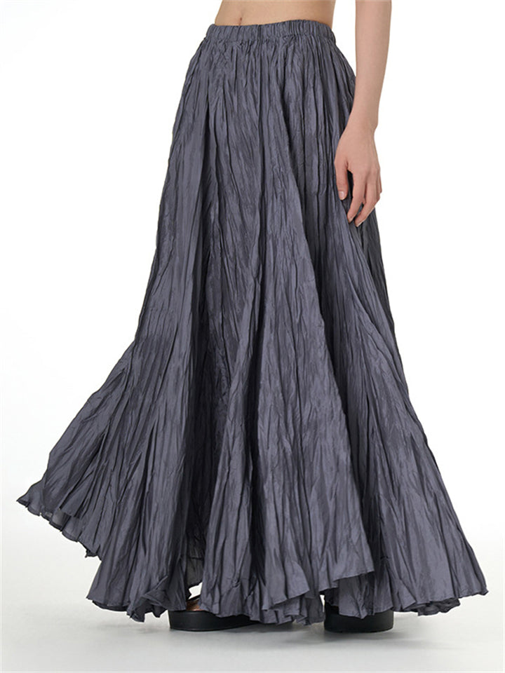 Solid Color Crinkled Maxi Skirts for Ladies