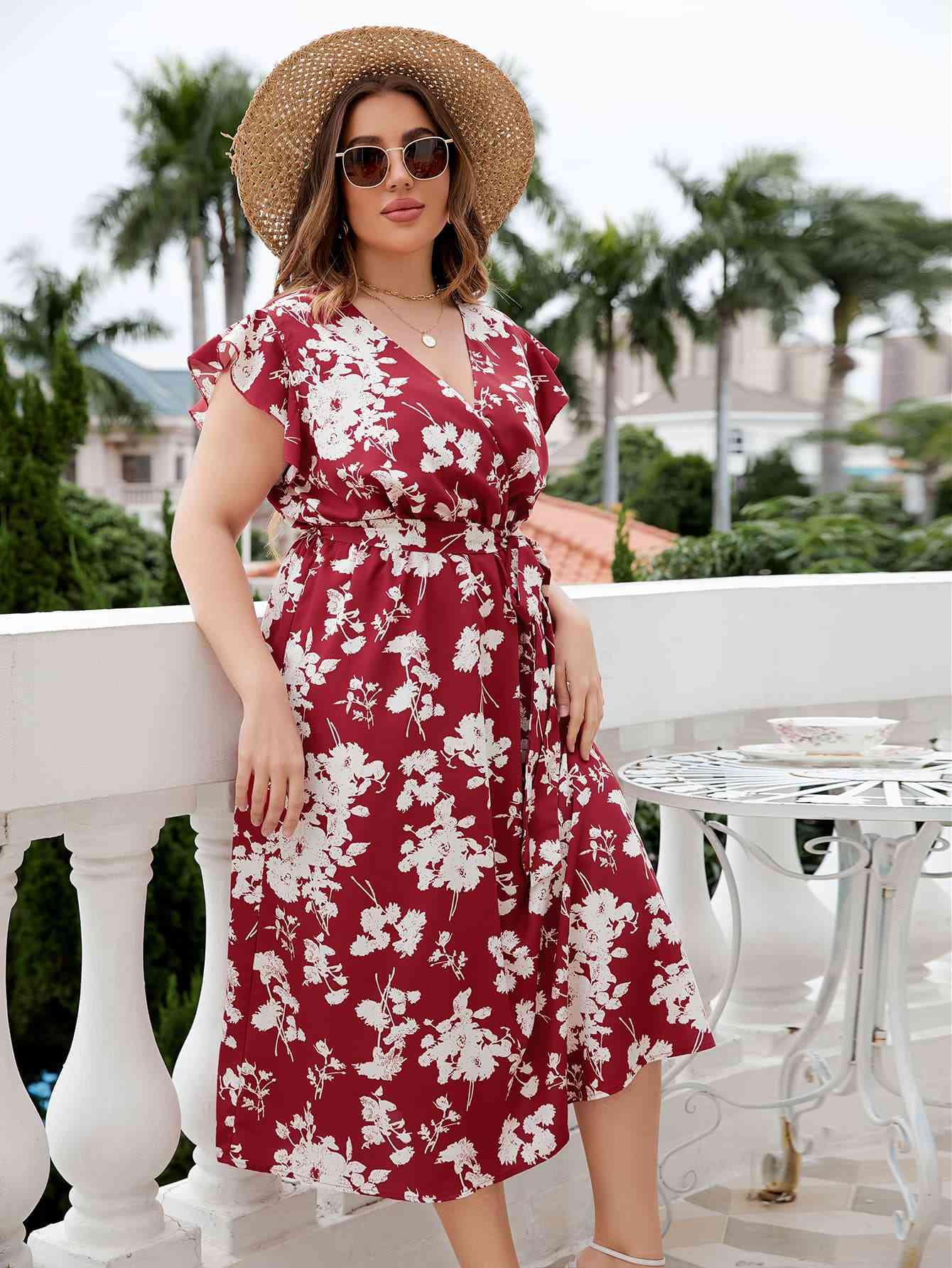 Plus Size Floral Tie Waist Surplice Neck Midi Dress