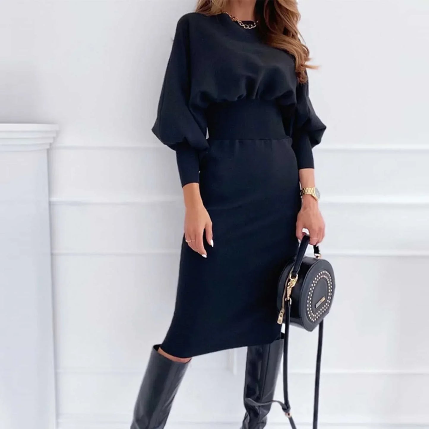 Ivyshape | Puff-Sleeve Bodycon Dress for All Seasons for Women