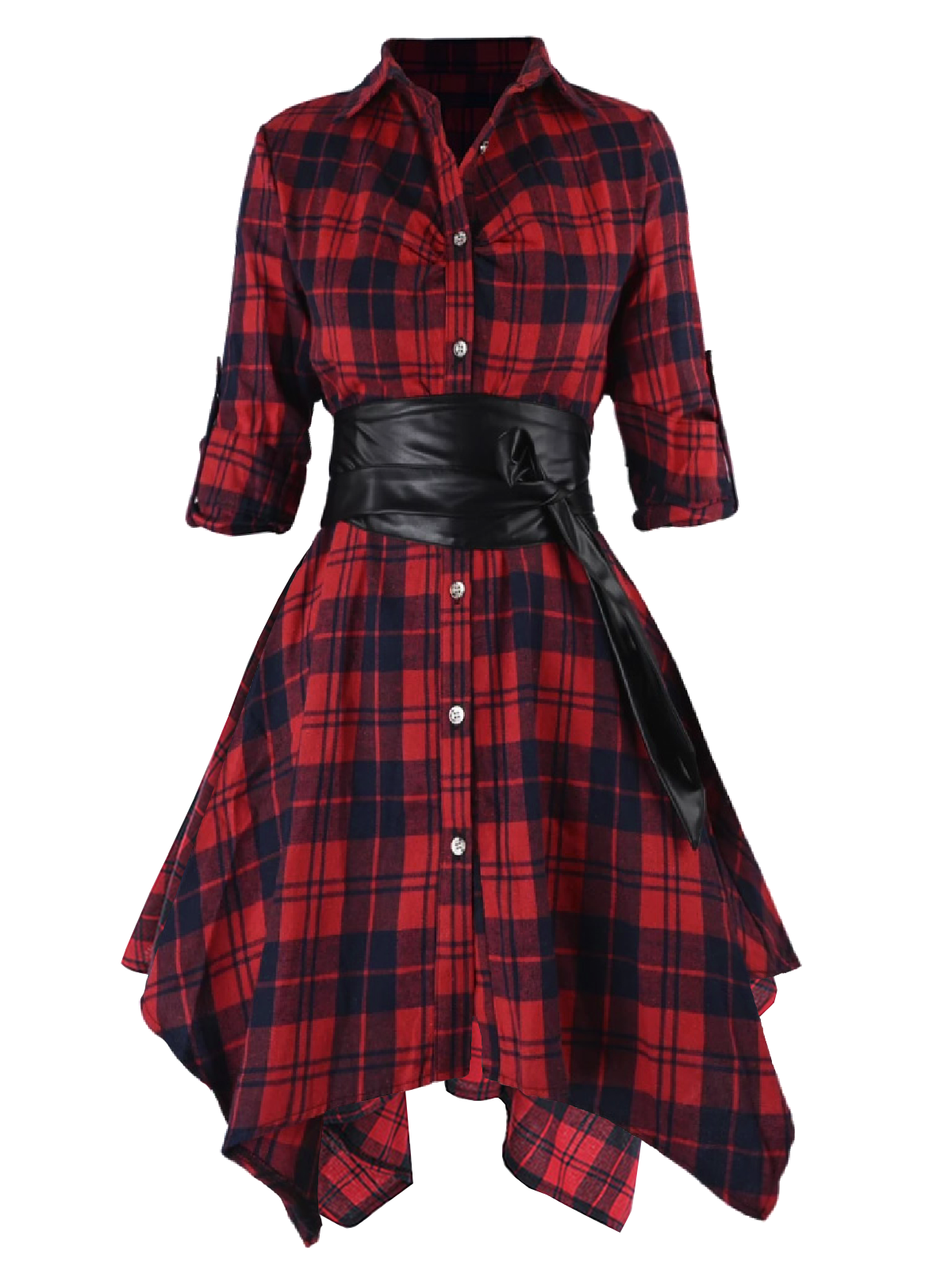 3/4 Sleeve Plaid Belt Long Tops