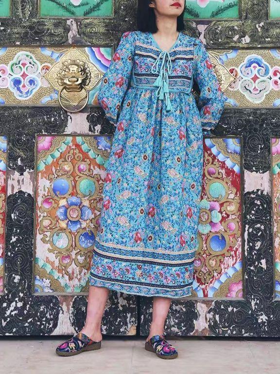 Blue Floral 3/4 Sleeve Bohemia Dress Maxi Dress