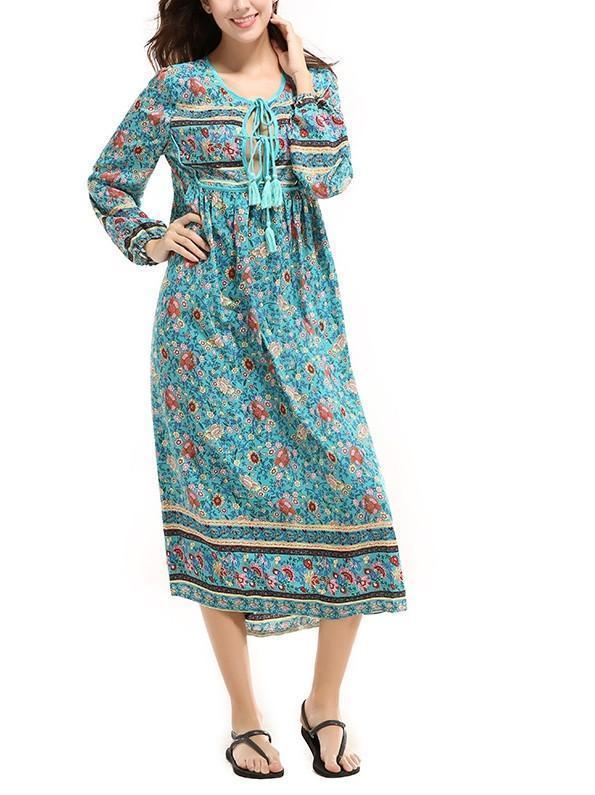 Blue Floral 3/4 Sleeve Bohemia Dress Maxi Dress