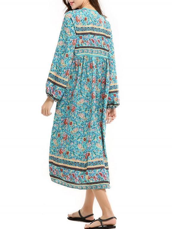 Blue Floral 3/4 Sleeve Bohemia Dress Maxi Dress