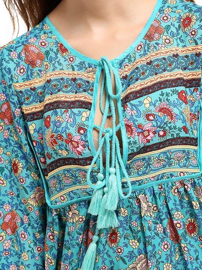 Blue Floral 3/4 Sleeve Bohemia Dress Maxi Dress