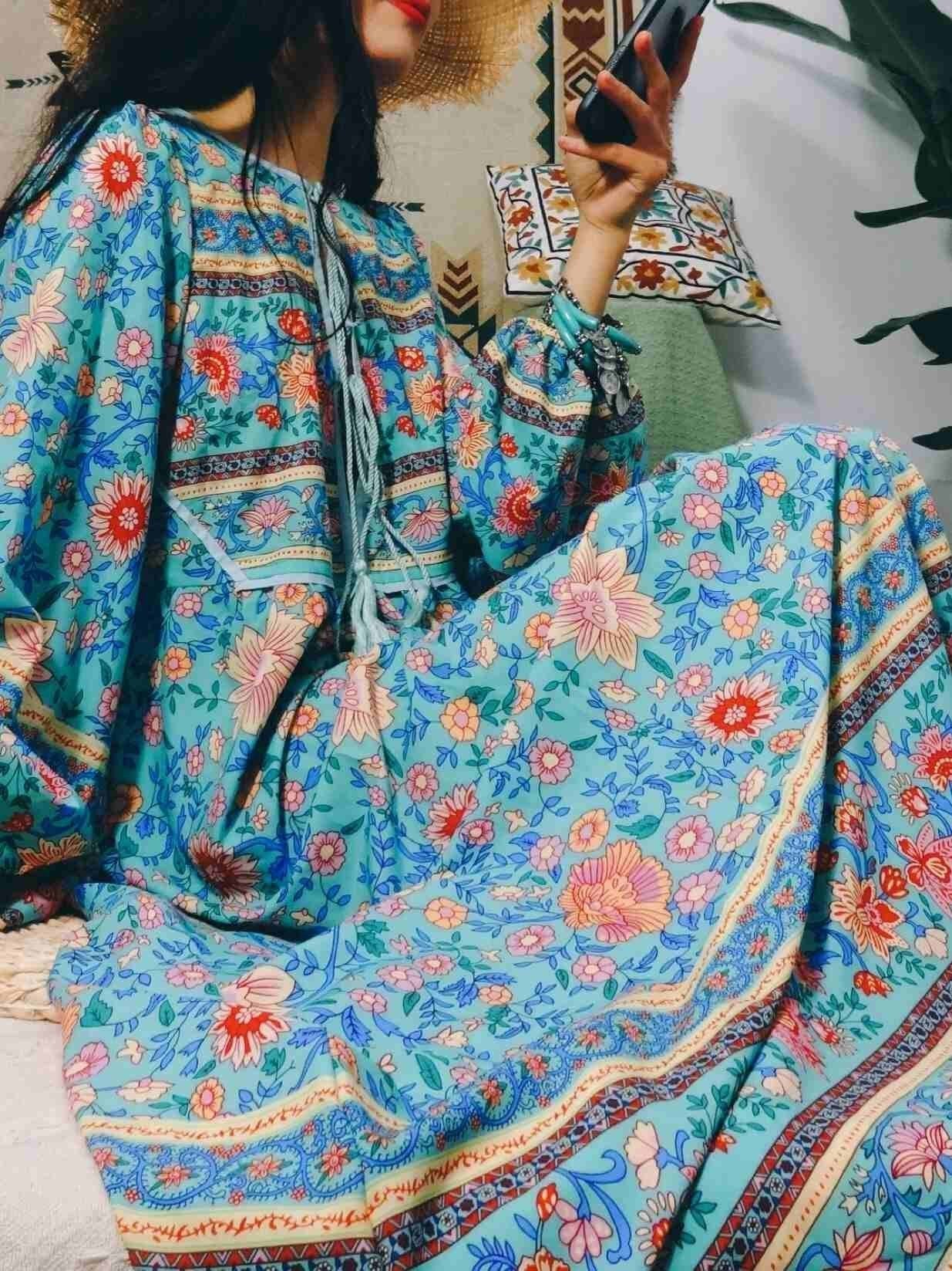 Blue Floral 3/4 Sleeve Bohemia Dress Maxi Dress