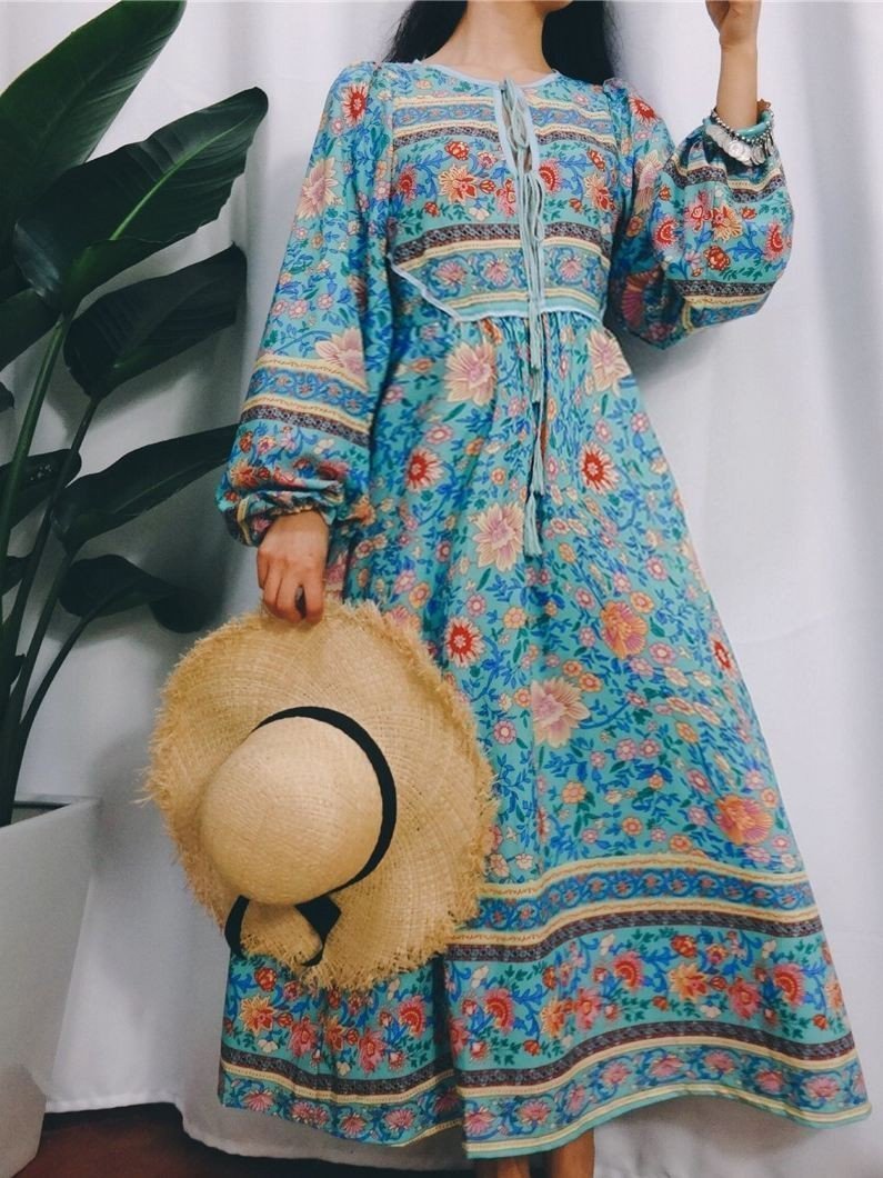 Blue Floral 3/4 Sleeve Bohemia Dress Maxi Dress