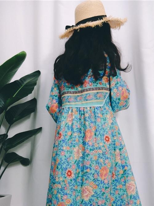 Blue Floral 3/4 Sleeve Bohemia Dress Maxi Dress