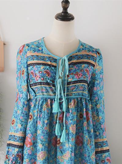 Blue Floral 3/4 Sleeve Bohemia Dress Maxi Dress