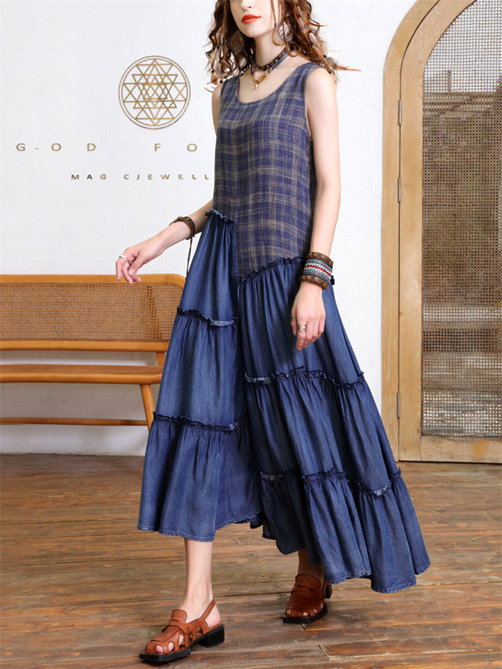 Lady Summer Sleeveless Plaid Splicing Dress with Irregular Hem