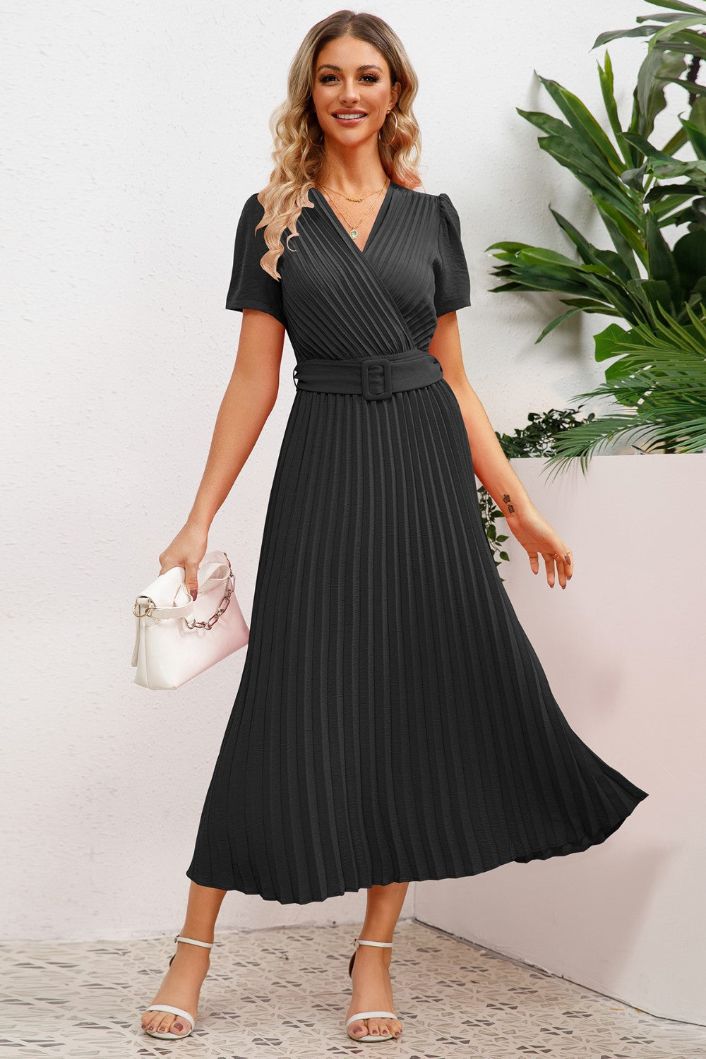 Ivyshape | Pleated Surplice Short Sleeve Midi Dress