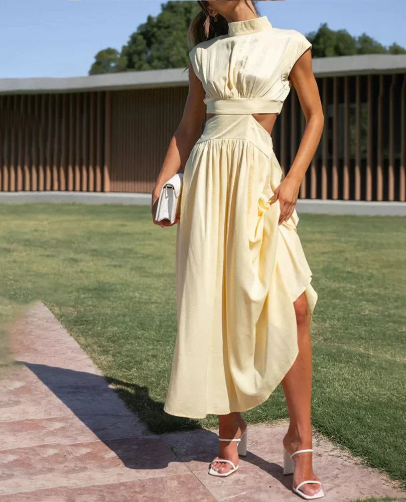 Stand Collar Solid Color Sexy Waist Midi Dress