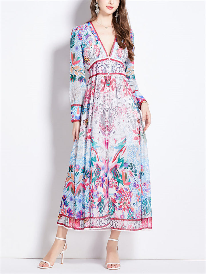 Deep V Neck Elegant Floral Print Flowy Midi Dress for Lady