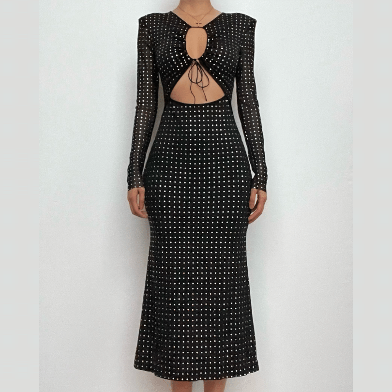 Polka dot contrast hollow out long sleeve mesh cut out midi dress