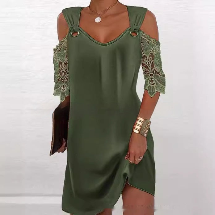 Ivyshape | V-Neck Dress with Lace Sleeve and Strap Detail