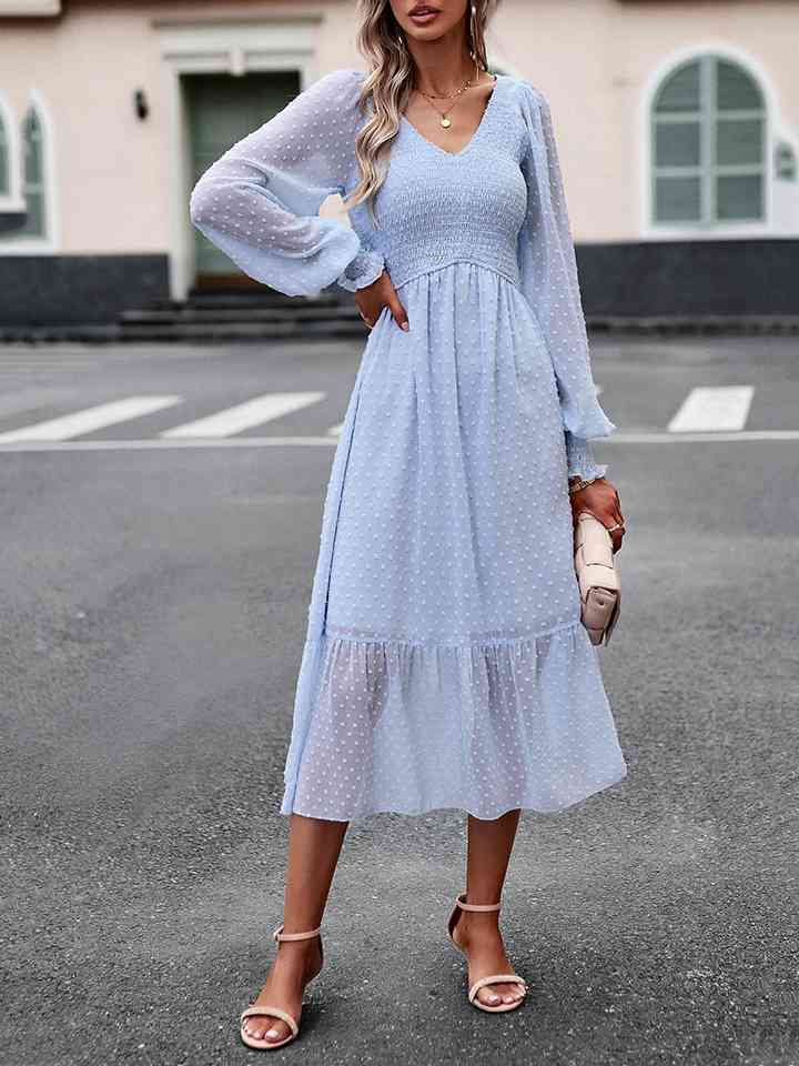 Swiss Dot V-Neck Flounce Sleeve Midi Dress