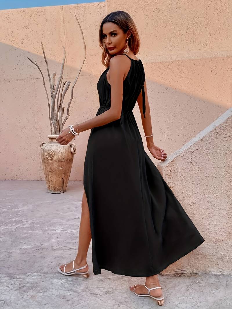 Ivyshape | Women's Halter Slit Dress Black