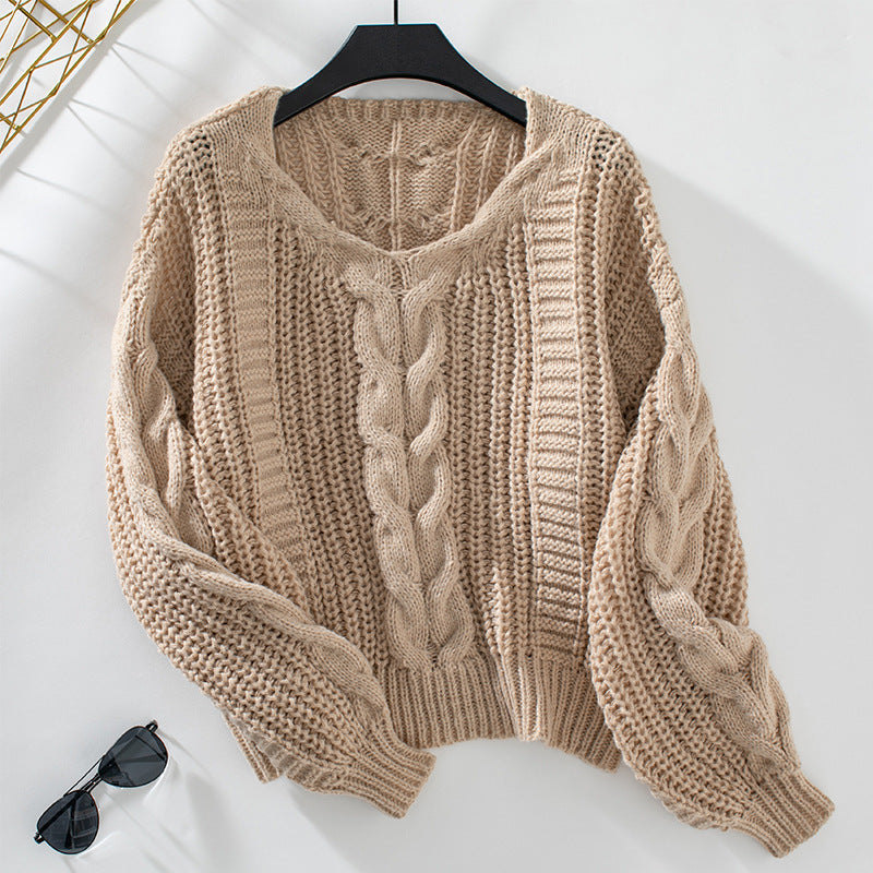 Ivyshape | Knitted V-Neck Sweater with Puff Sleeves for Women