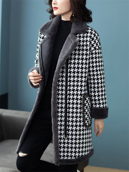 Ladies Vintage Plaid Notched Lapel Plush Lining Overcoat