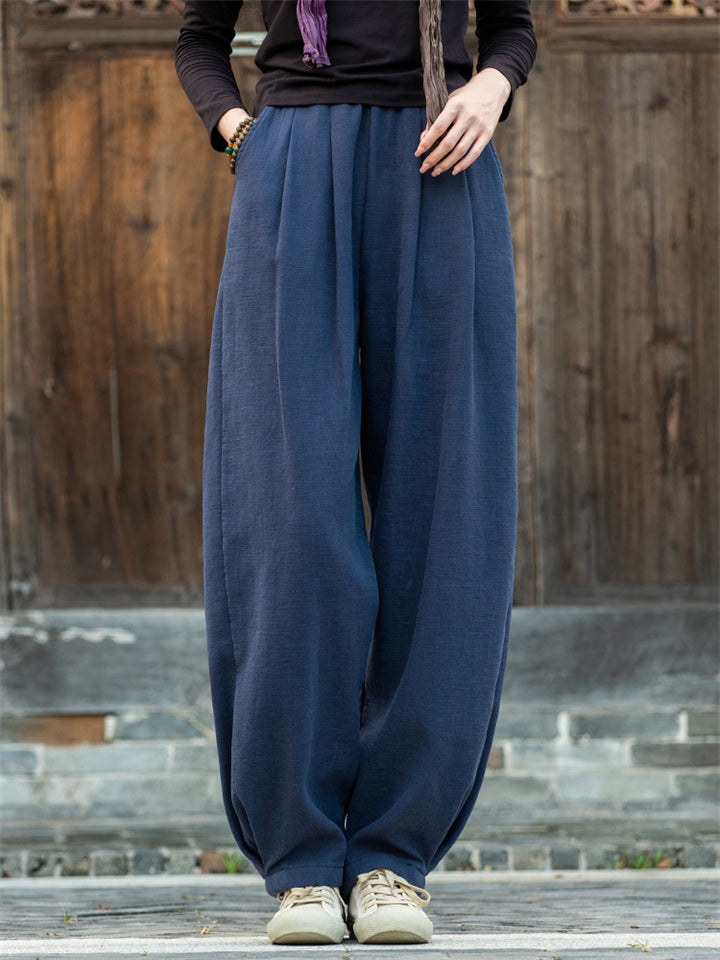 Zen Style Warm Plush Lined Linen Long Pants for Winter