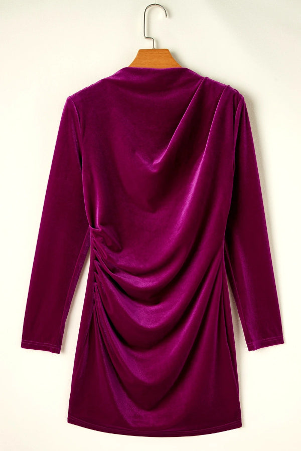 Ivyshape | Pink Velvet Mock Neck Ruched Long Sleeve Bodycon Dress