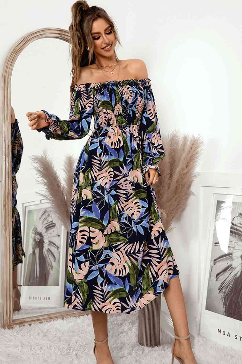 Botanical Print Off-Shoulder Flounce Sleeve Dress