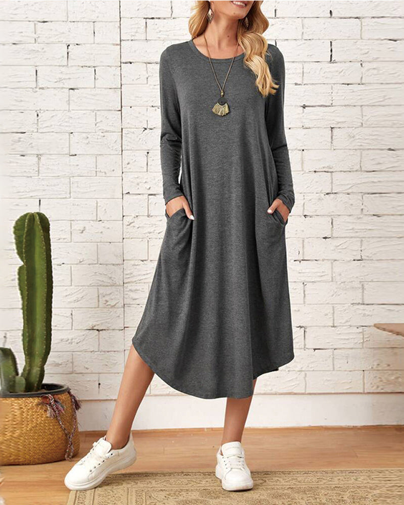 Summer Loose Midi Dress with Long Sleeves and Pocket | Ideal for Summer