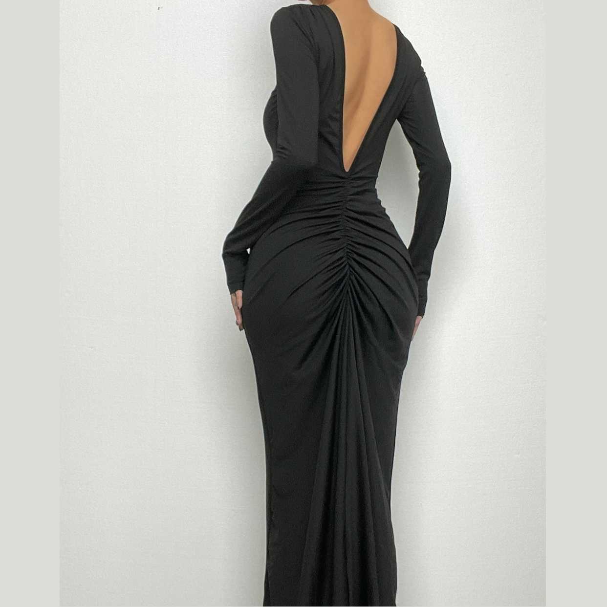 Ruched long sleeve v neck solid 2-way maxi dress