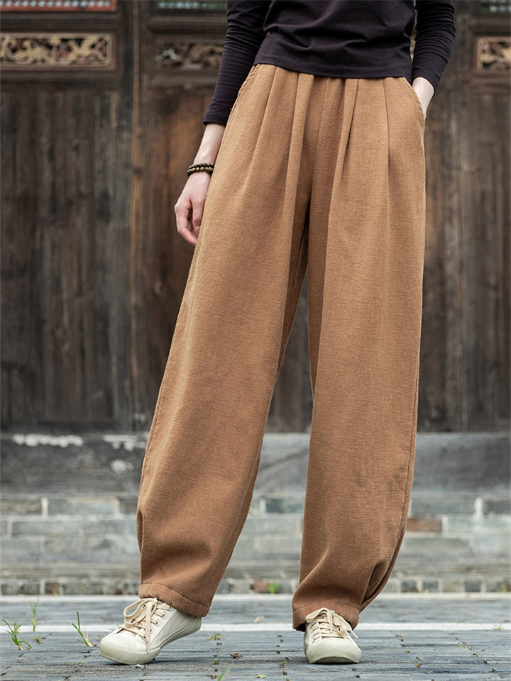 Zen Style Warm Plush Lined Linen Long Pants for Winter